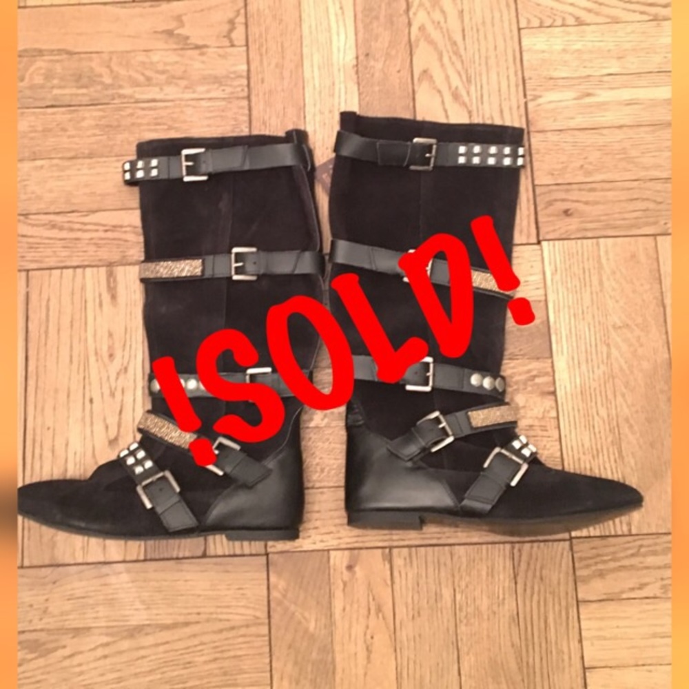 Designer Black Suede Flat Boots - Picture 1 of 8